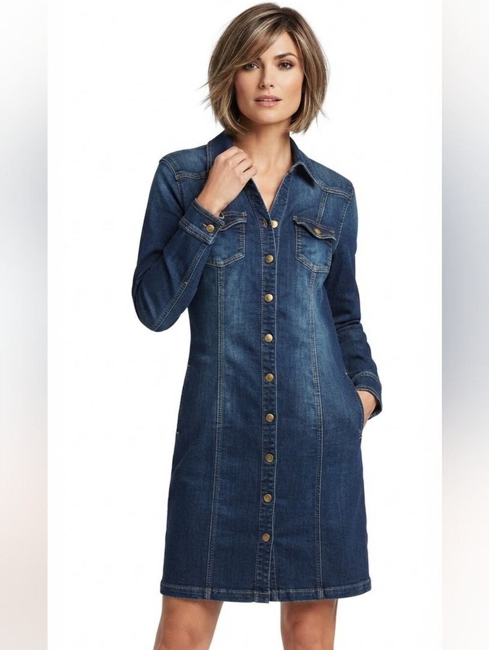New York & Company Dark Wash Denim Long Sleeve Button Front Shirt Dress XL